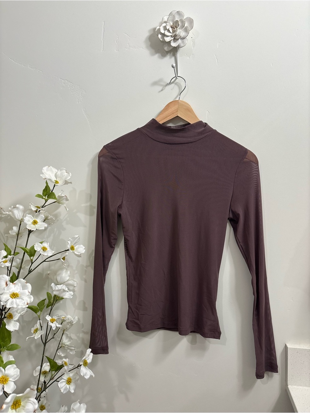 Mock Neck Mesh Top in Brown